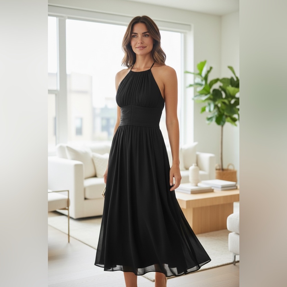 Black Halter Midi Dress - Elegant Women's Evening Dress
